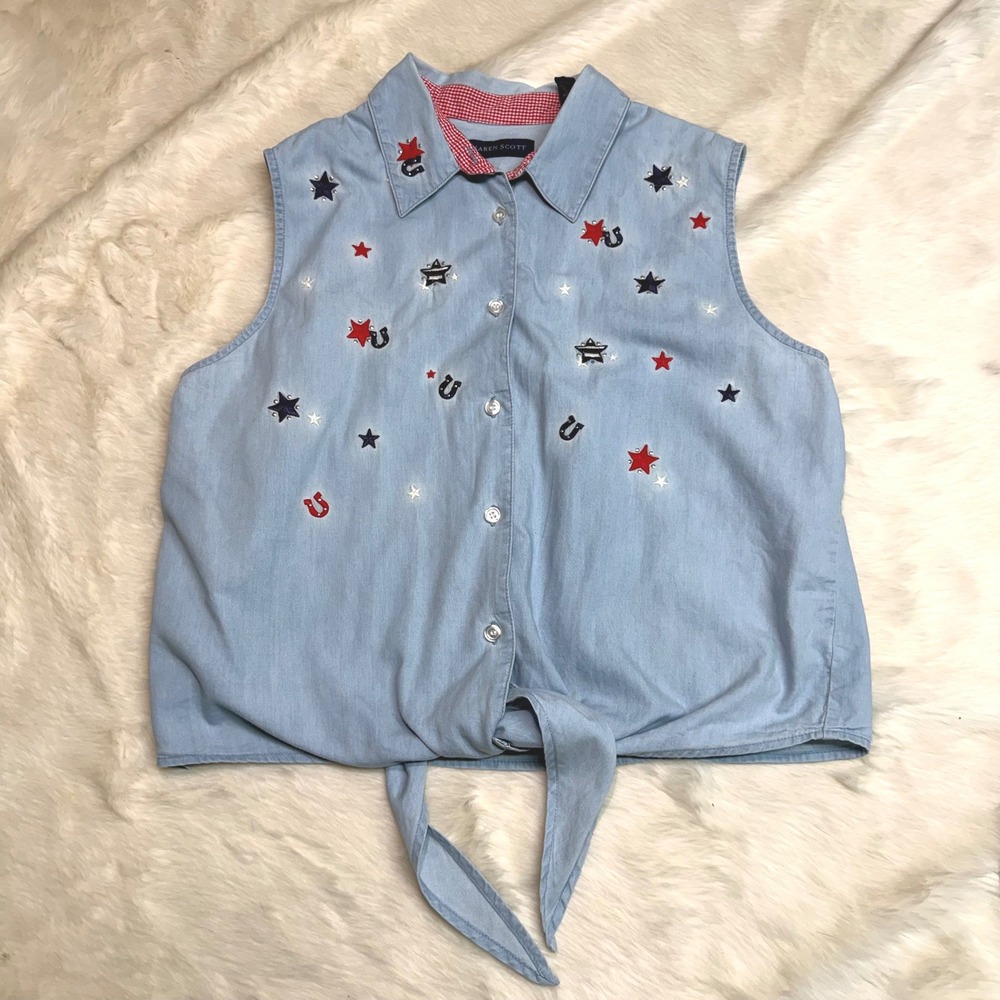 Vintage Karen Scott Denim Top Women Large Blue Horseshoe Tie Front Americana